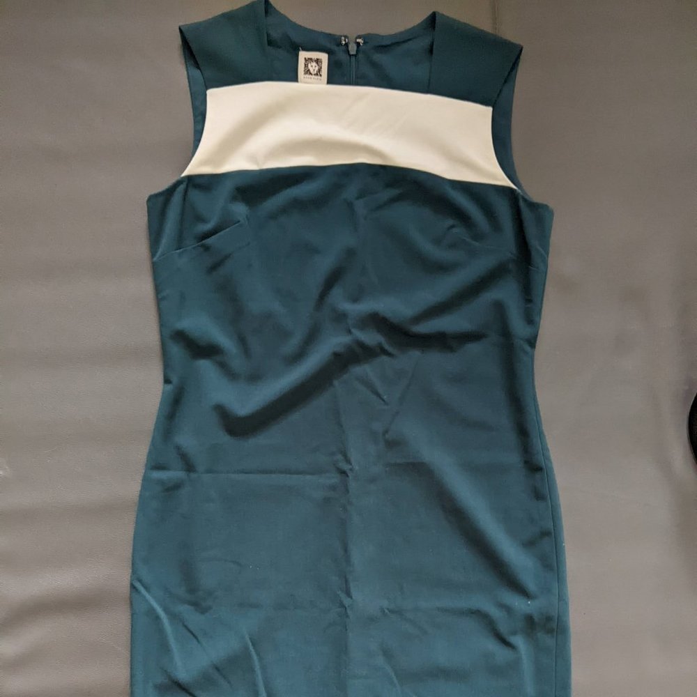 Anne Klein Classic Shift Dress, Square Neck, Deep Green and White Color Block